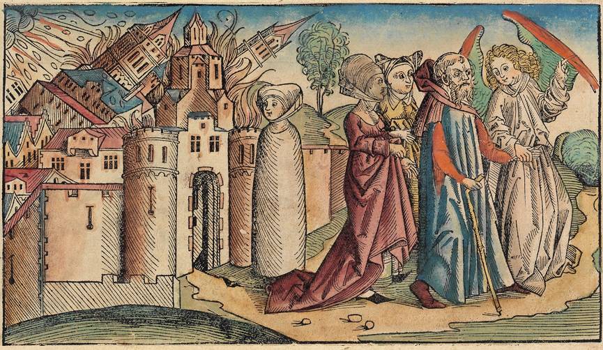 Мишель Вольгемут, Вильгельм Плейденвурф. Лот покидает Содом. Гравюра Нюрнбергской хроники. 1493
