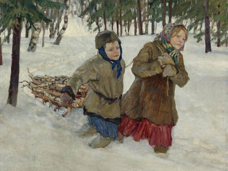 Николай Богданов-Бельский. Везущие дрова по снегу (фрагмент). 1886