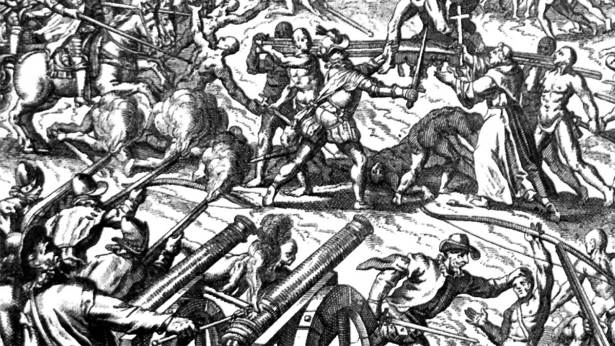 Завоевание Мексики.Гравюра 17-го века