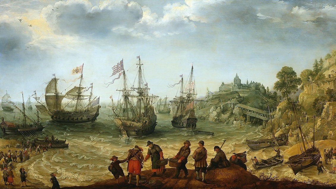 Адам Виллартс. Отплытие кораблей от скалистого берега. 1621