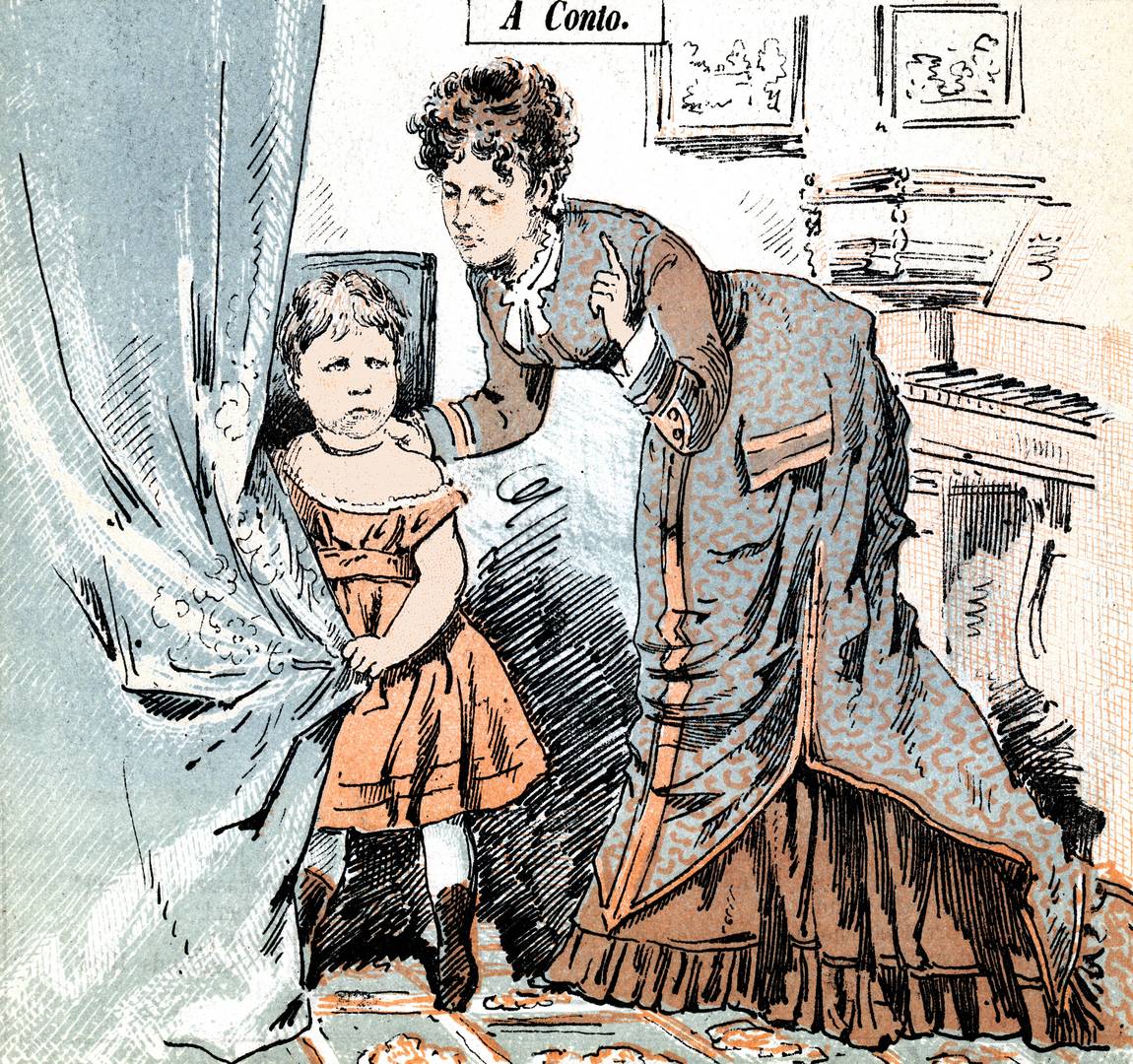 Рисунок из датского журнала «Punch». «Сегодня ты плохая девочка, поэтому не получишь шоколадку, которую тебе обещал папа!». 1877
