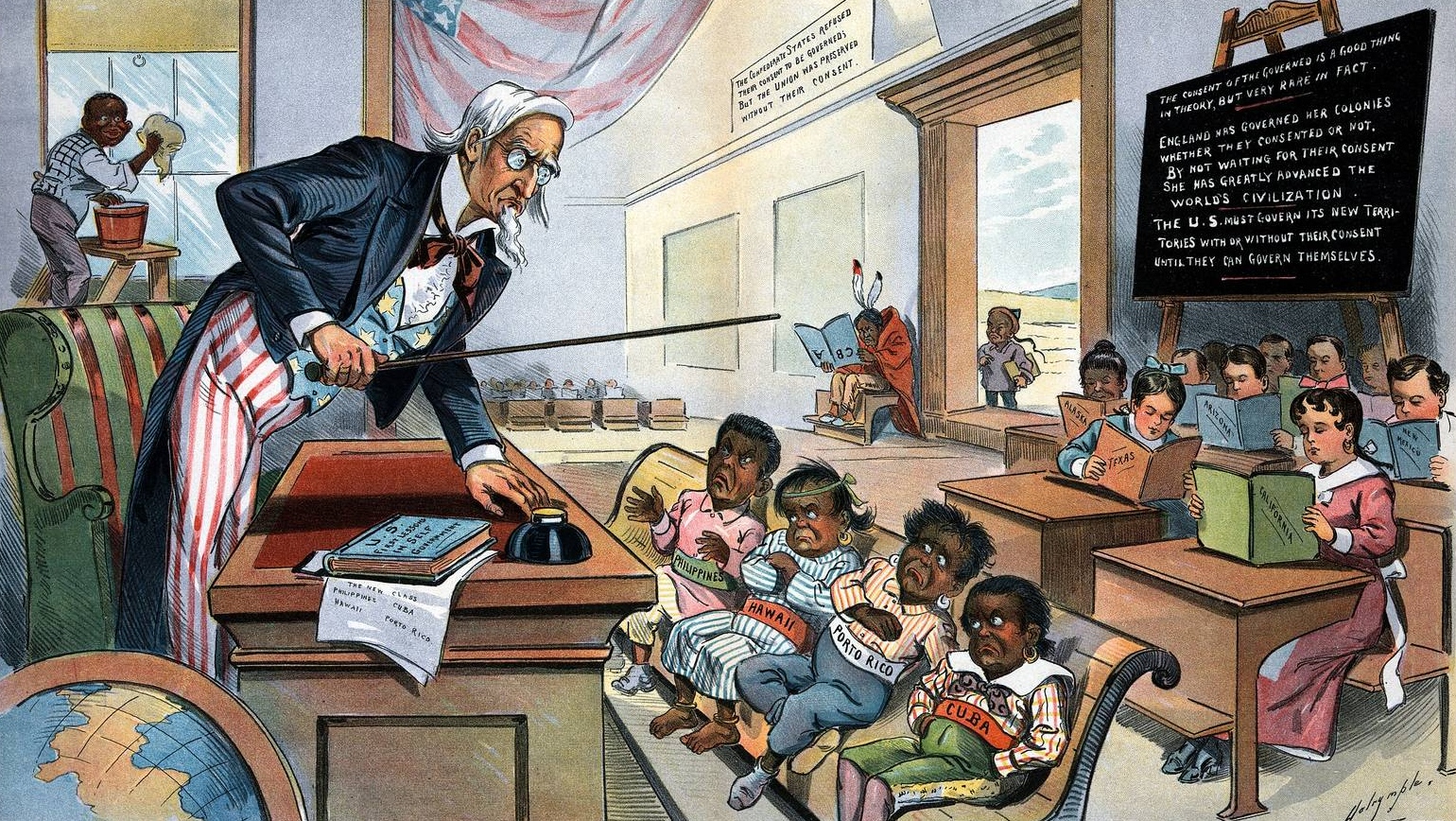 Луис Далримпл. Дядя Сэм читает лекцию четырем цветным детям. 1899