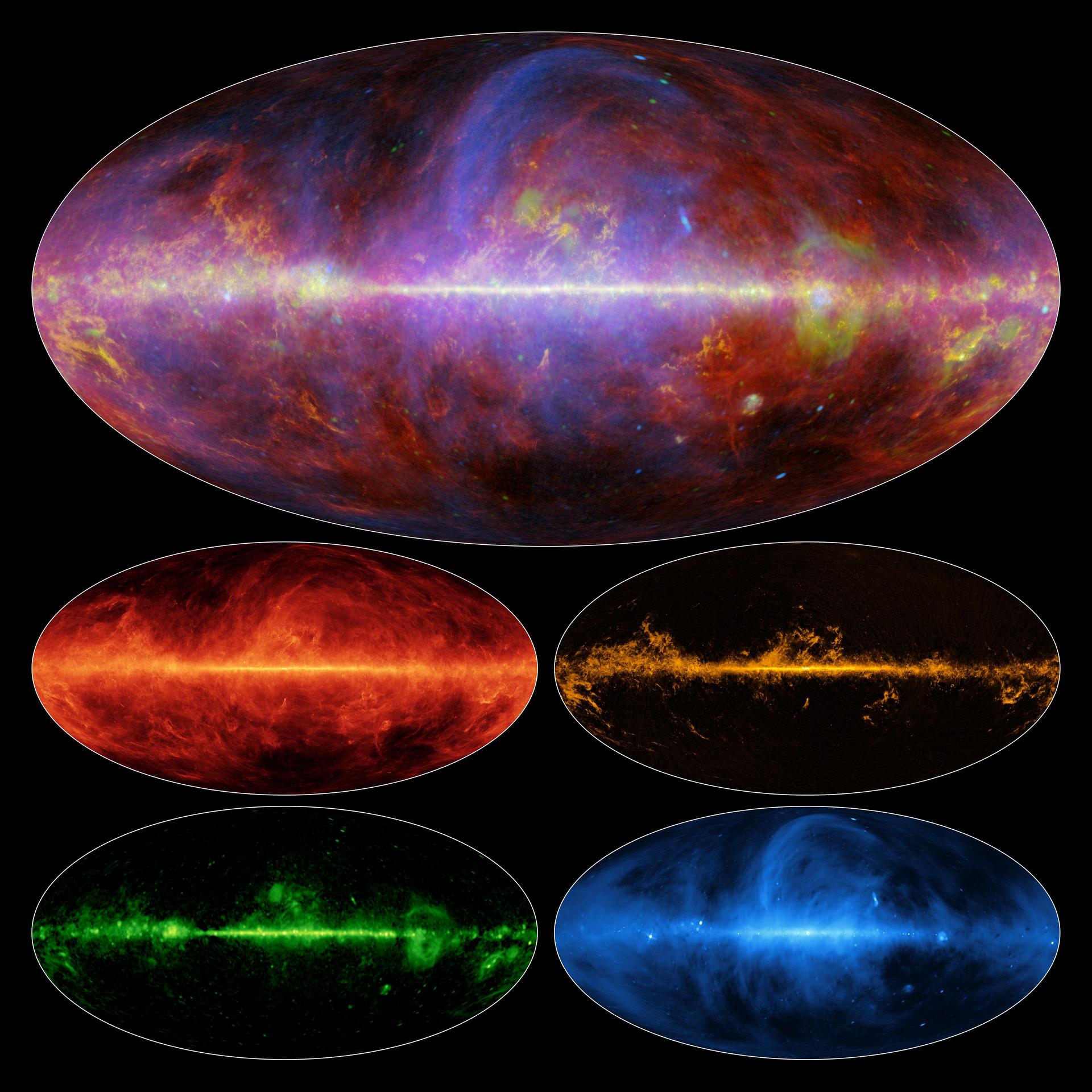 Здесь приведены снимки окрестностей Млечного пути, сделанные командой «Планка». На крупном в наложении показаны четыре снимка, сделанные телескопом на разных длинах волн. Источник: ESA/NASA/JPL-Caltech.