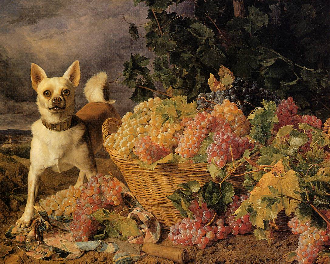 Фердинанд Георг Вальдмюллер. Собака у корзины с виноградом на фоне пейзажа. 1836.