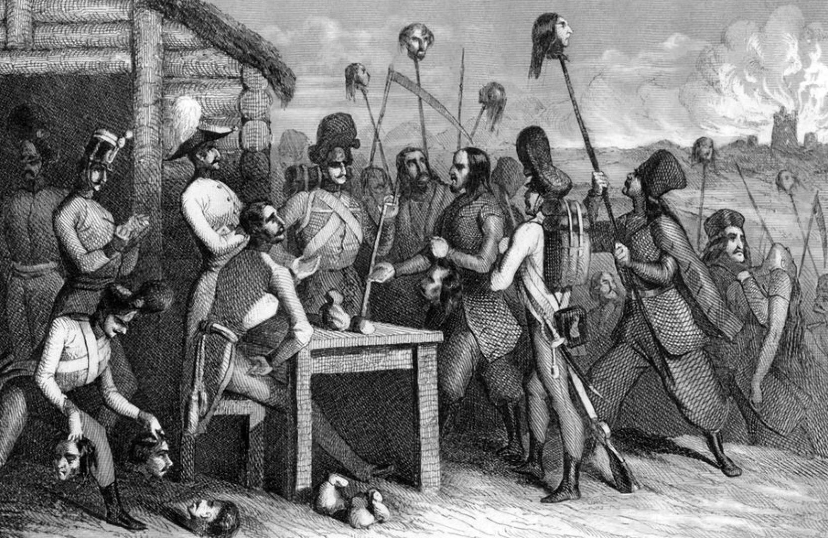 Австрийские солдаты покупают головы убитых дворян у галицийских крестьян (гравюра). 1848