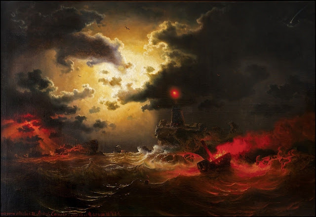 Маркус Ларссон. Горящий корабль в ночном шторме. 1859