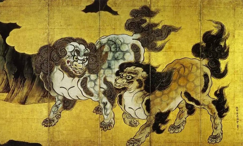 Кано Эйтоку. Китайские львы (фрагмент). XVI в.