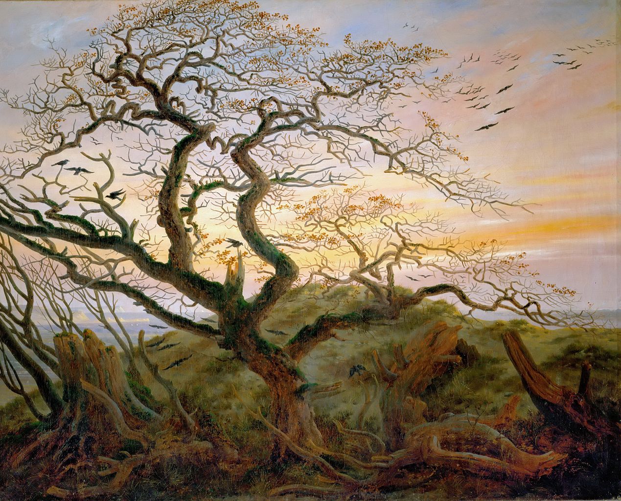 Каспар Давид Фридрих. Дерево с воронами. Могильный курган у Балтийского моря и остров Рюген вдали. 1822