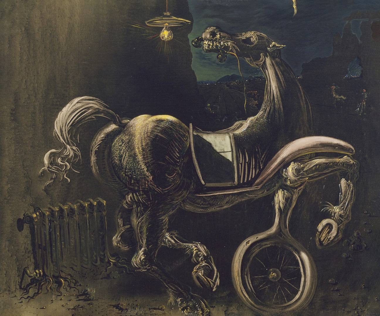 Сальвадор Дали. Обломки автомобиля, порождающего слепую лошадь, кусающую телефон. 1938