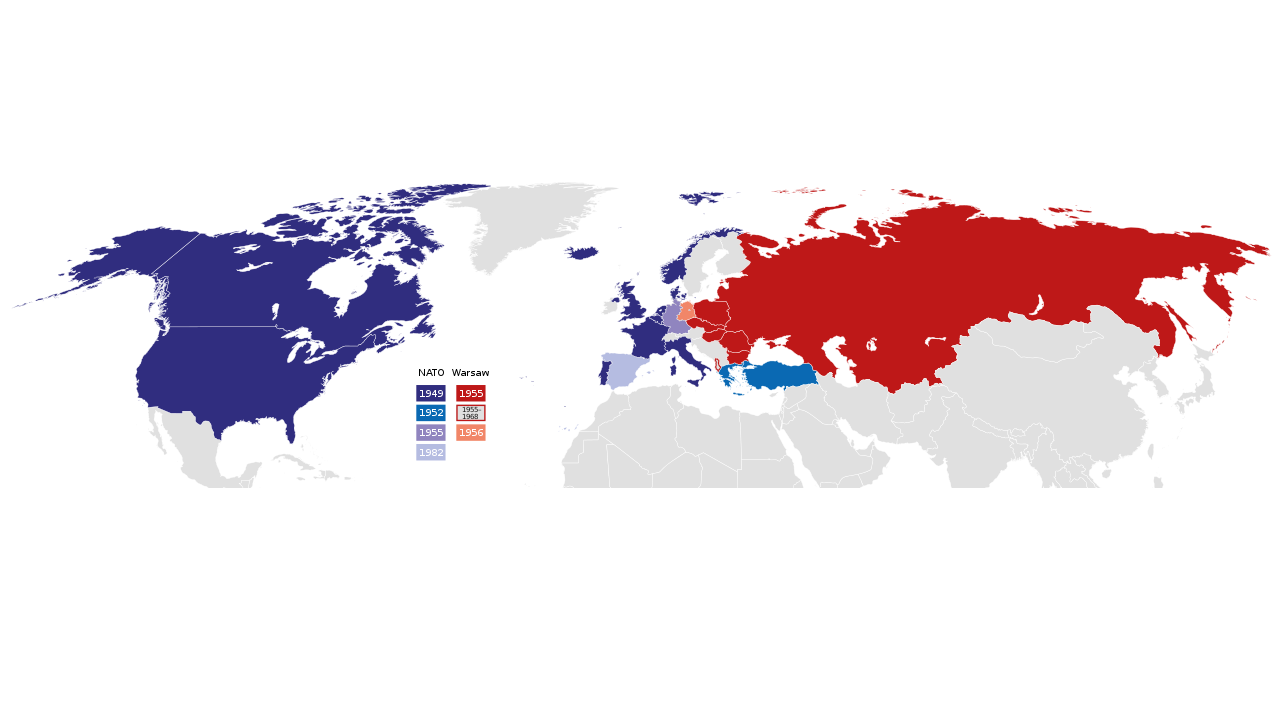 ДОВСЕ. Государства-члены НАТО (синим цветом) и Варшавского договора (красным цветом)