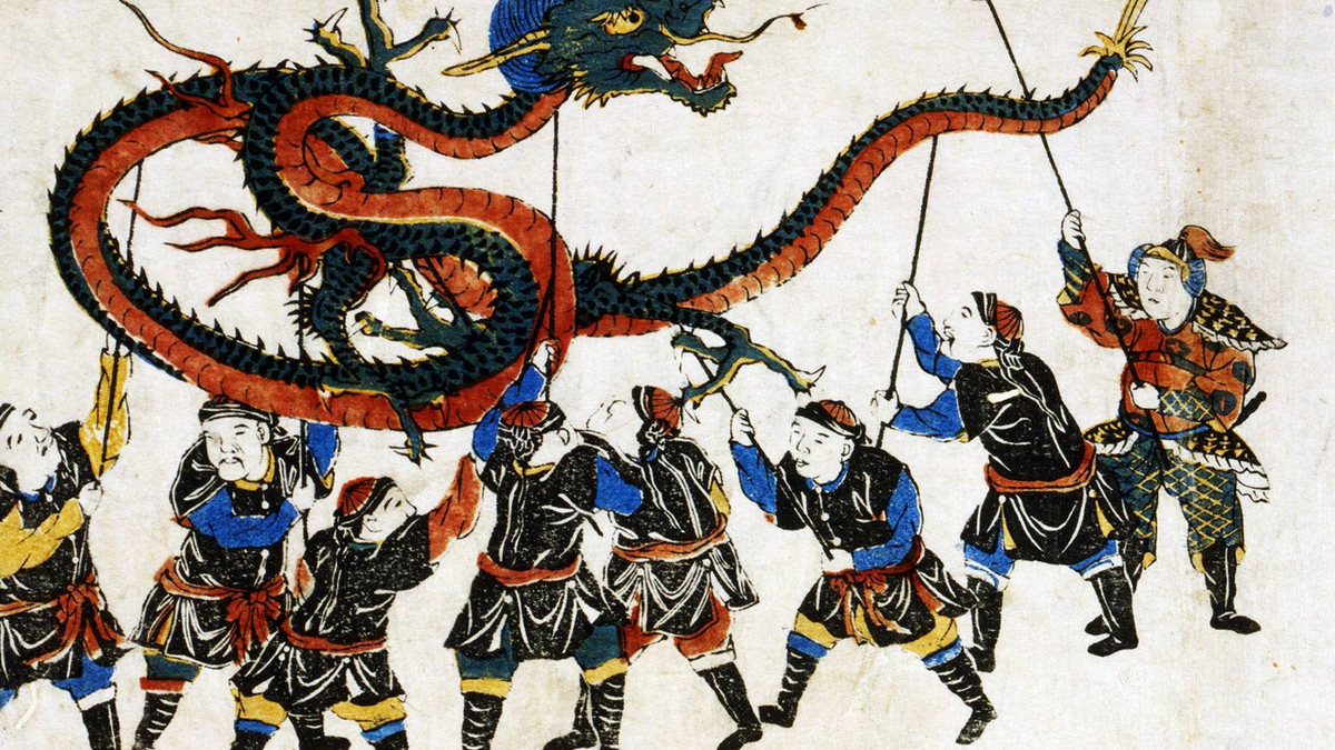 Укрощение китайского дракона. Японская гравюра, жанр Укиё-э, XVII век