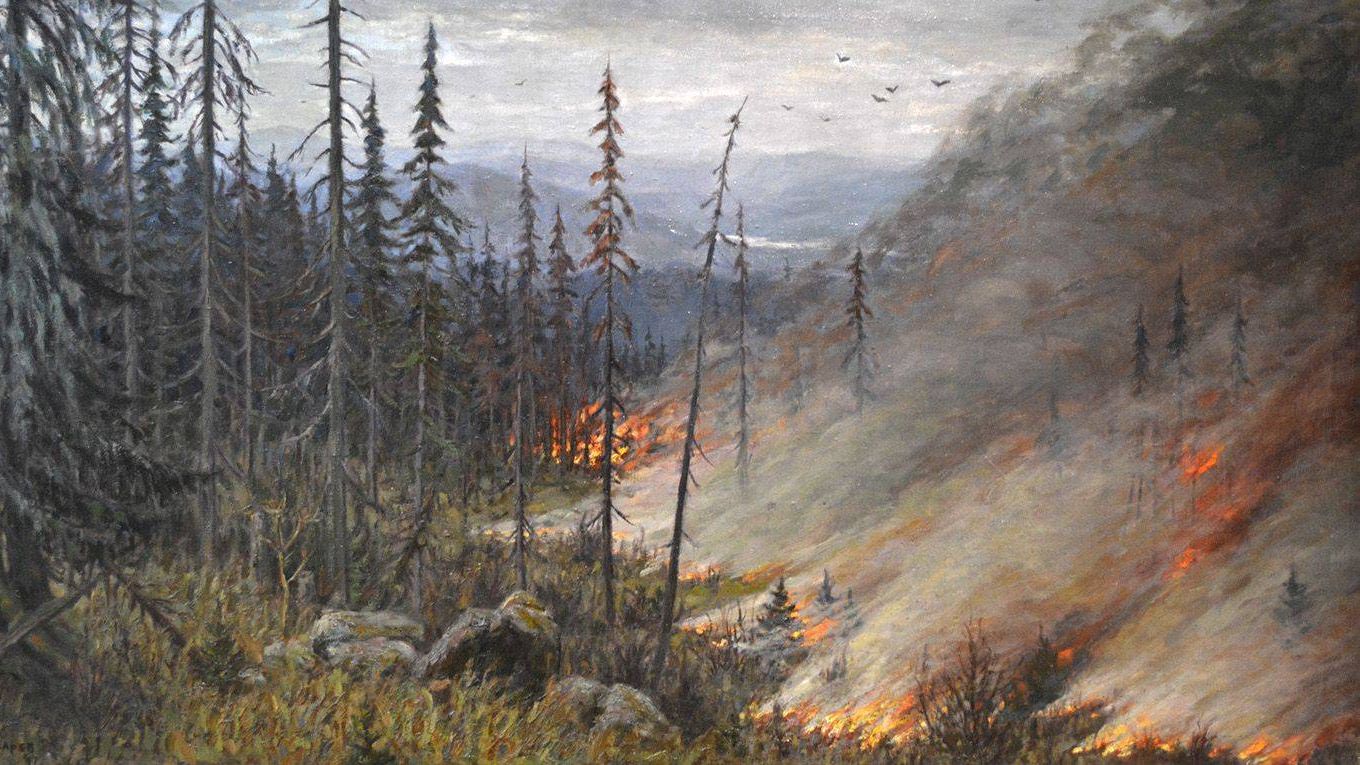 Иван Слюсарев. Лесной пожар (фрагмент). 1947