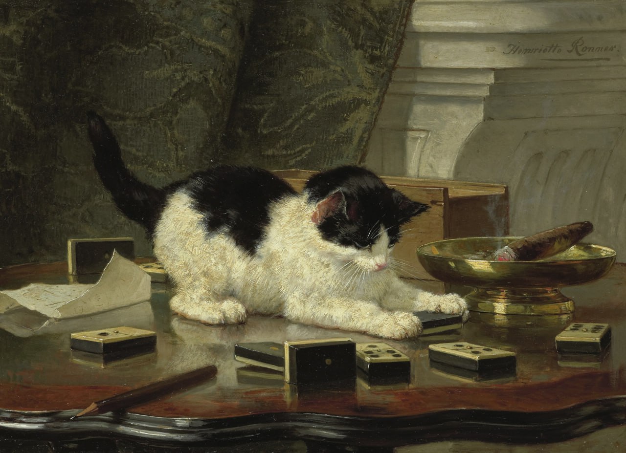 Игра котёнка. Генриетта Роннер-Книп, детали картины, между 1860 и 1878.