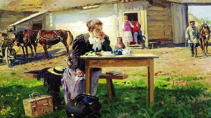 Владимир Маковский. Приезд учительницы в деревню. 1897 (фрагмент)