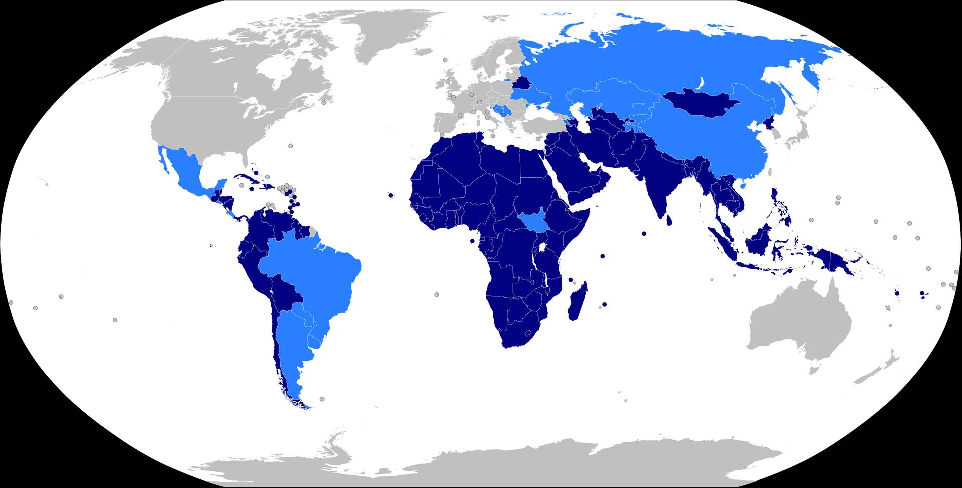 Карта членов (темно-синий) и наблюдателей (голубой) Движения неприсоединения