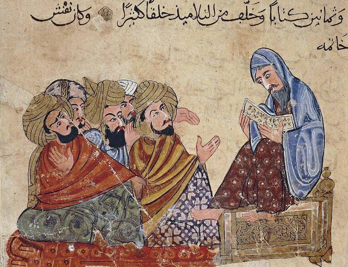 Сократ обсуждает философию с учениками. Миниатюра. Турция, XIII век