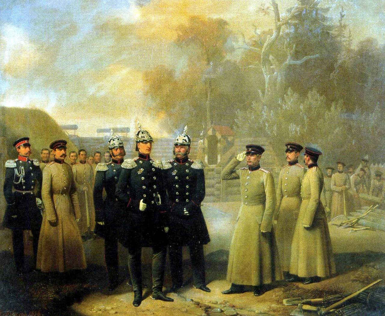 Адольф Гебенс. Великий князь Николай Николаевич Старший осматривает работы гвардейских сапёров в устье Невы. 1856