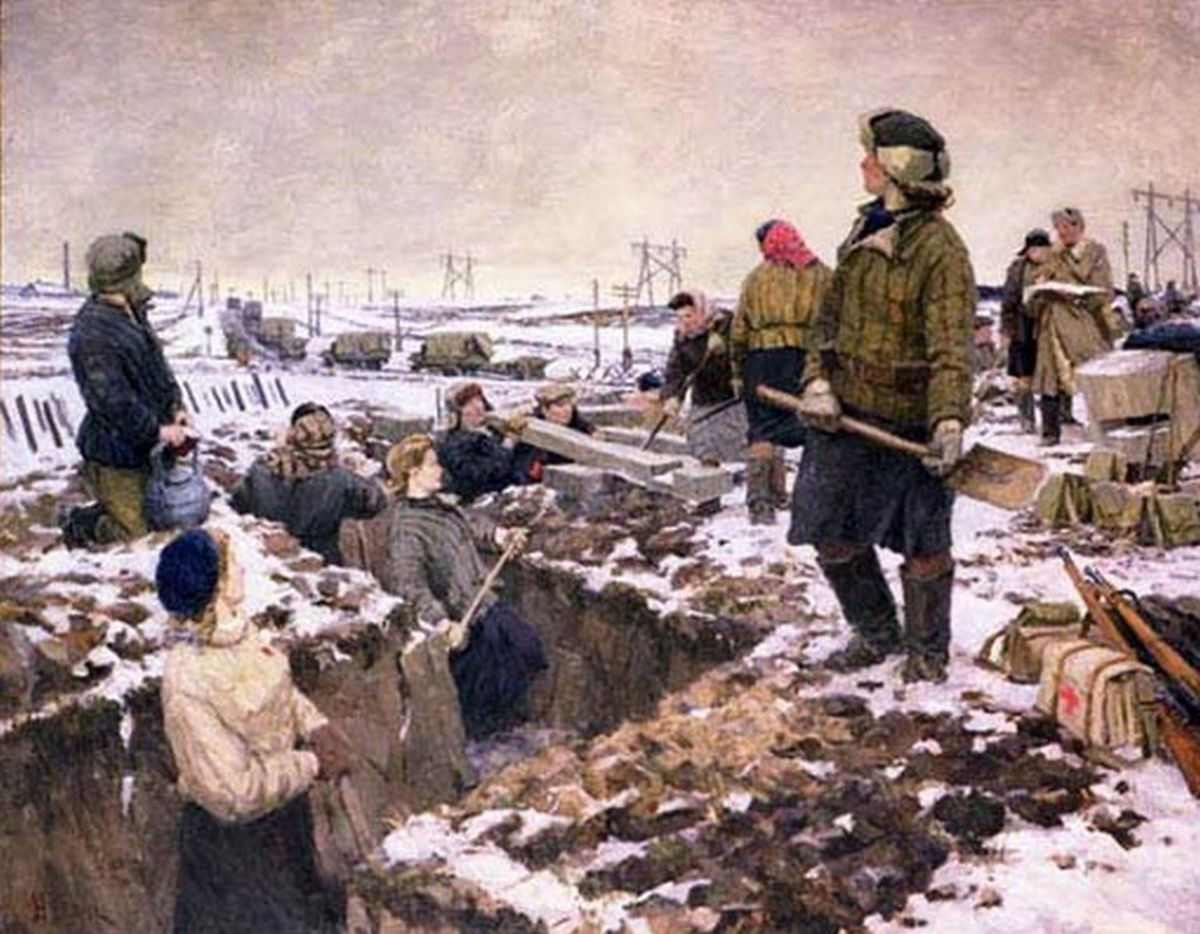 НИколай Осенев. Комсомольцы на строительстве оборонительных рубежей под Москвой. 1948