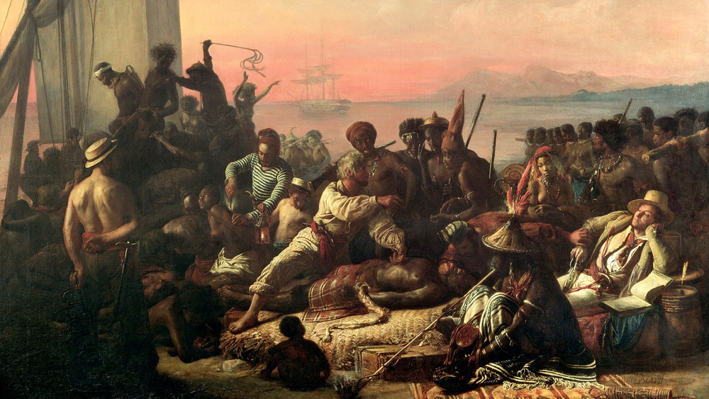 Франсуа-Огюста Байарда. Скупка рабов на африканском побережье и их отправка на невольничий корабль. XIX в