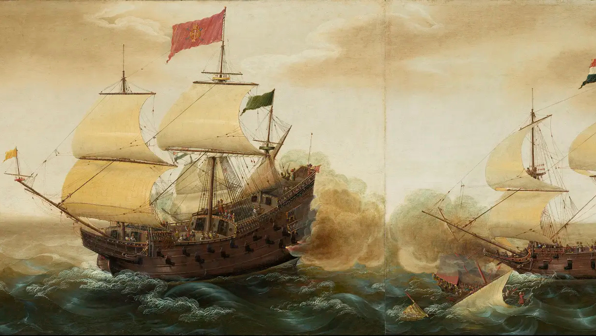 Корнелис Вербеек. Морской бой между голландскими и испанскими военными кораблями (фрагмент). 1620
