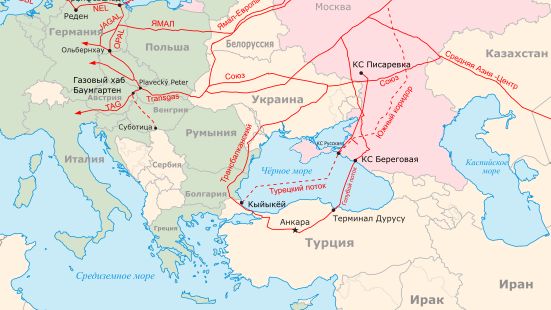 Схема существующих и планирующихся магистральных экспортных газопроводов из России в Европу (с фактическими границами государств и территорий)