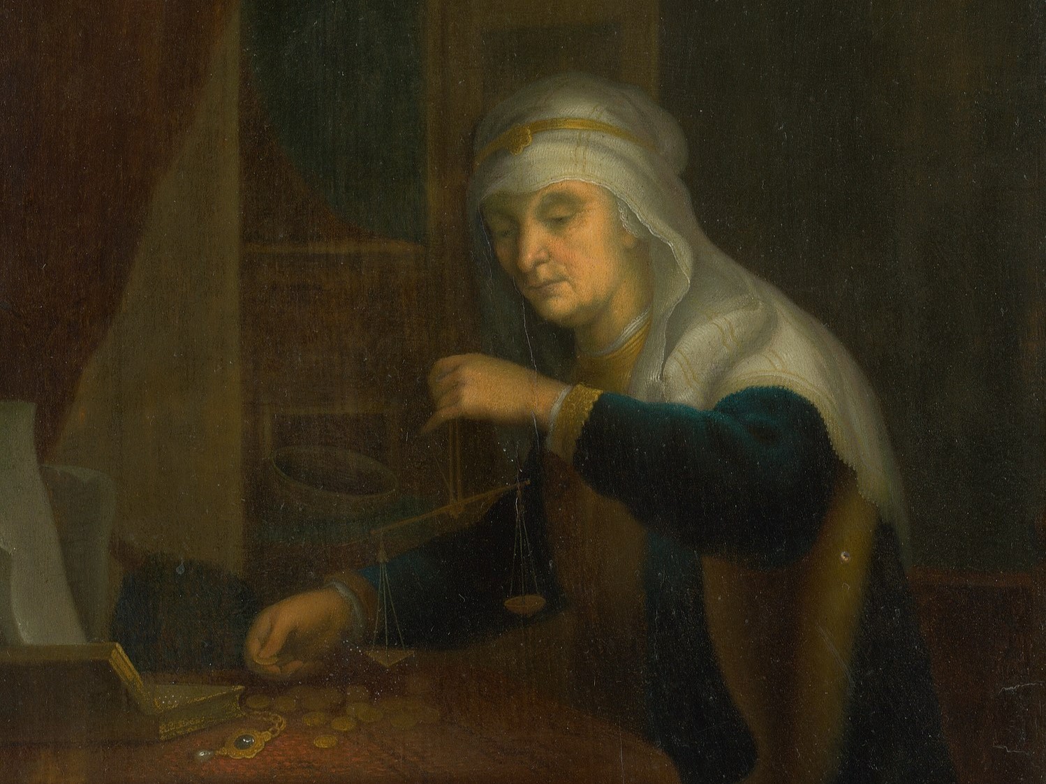 Неизвестный художник. Взвешивание золота (фрамент). 1670-1690