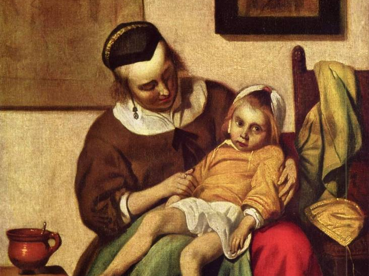 Габриель Метсю. Больной ребёнок (фрагмент). 1660
