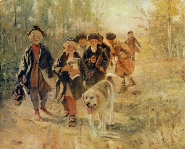 Владимир Маковский. В школу с собакой. 1911