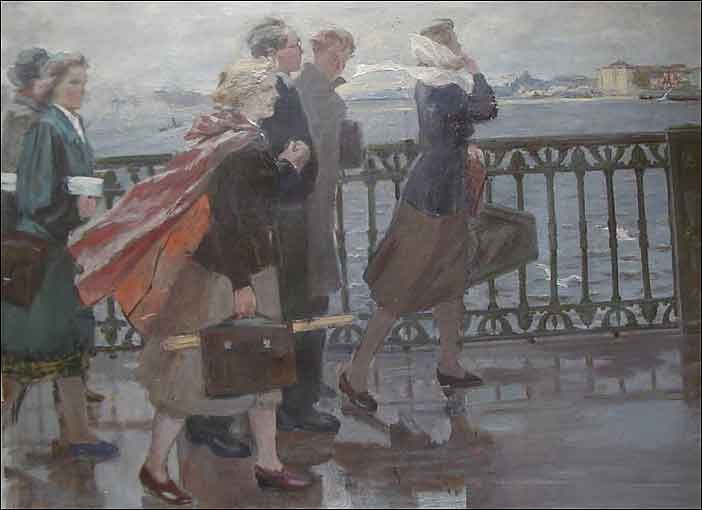 Михаил Натаревич Студенты на мосту 1954 г.