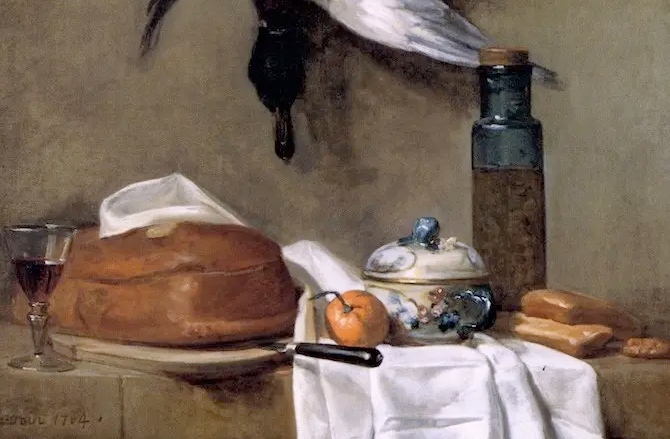 Жан Батист Шарден. Натюрморт с уткой, хлебом и оливковым маслом (фрагмент). 1764