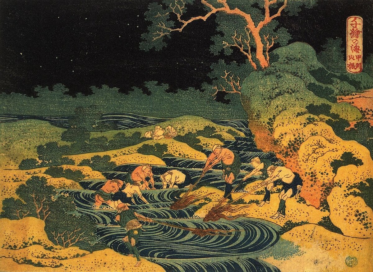 Кацусика Хокусай. Рыбалка при свете факелов в провинции Кай (из серии «Океаны мудрости»). 1832-1834