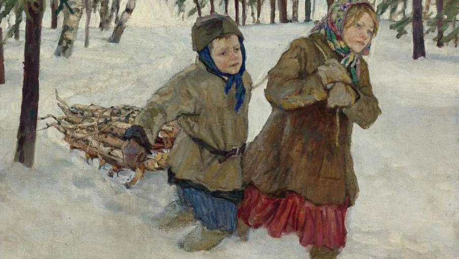 Николай Богданов-Бельский. Везущие дрова по снегу (фрагмент). 1886