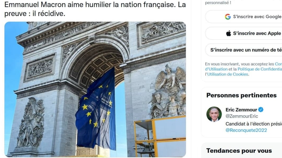 Скриншот страницы Twitter кандидата в президенты Франции Эрика Земмура