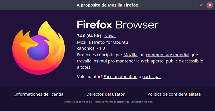 ‎Скриншот, показывающий окно «О Mozilla Firefox», переведенный в Interlingua