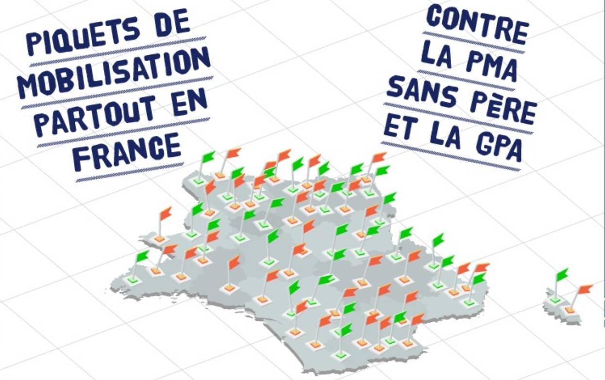 Скриншорт с сайта lamanifpourtous.fr, анонсирующего карту общенациональных пикетов против изменения закона по биоэтике