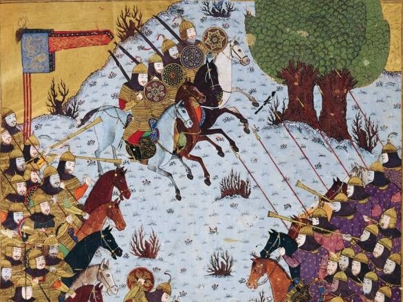 Битва иранского царя Кей-Хосрова и туранского царя Афросиаба. Иллюстрация к «Шахнаме» Фирдоуси