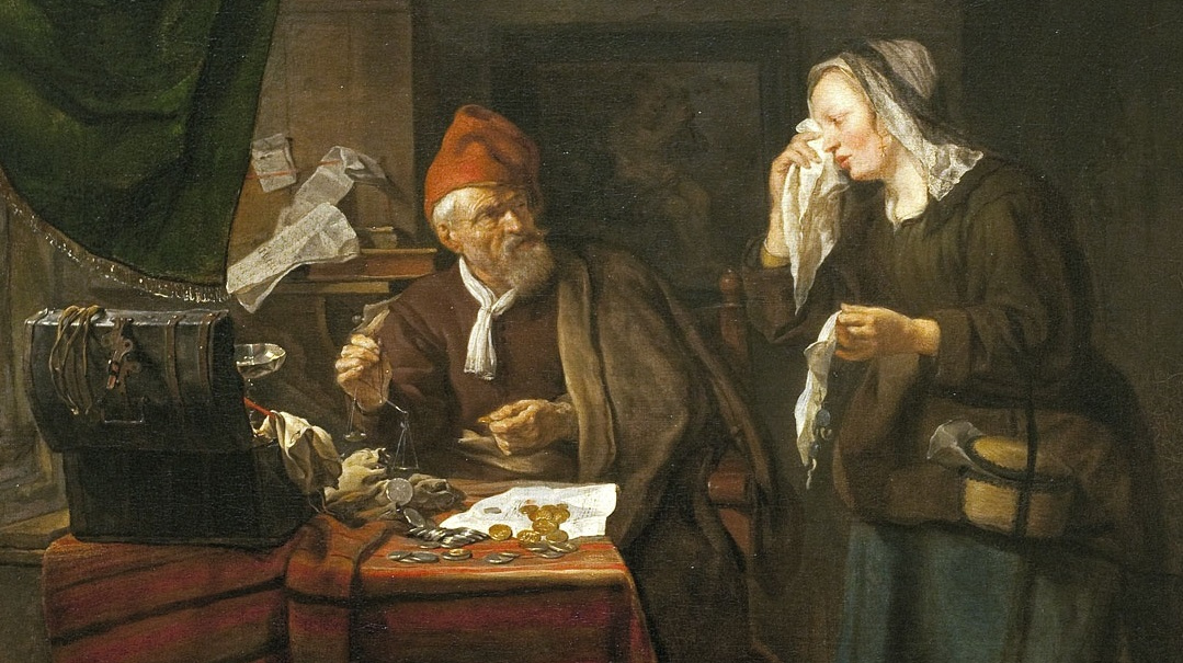 Габриэль Метсю. Ростовщик и плачущая женщина (фрагмент). 1654