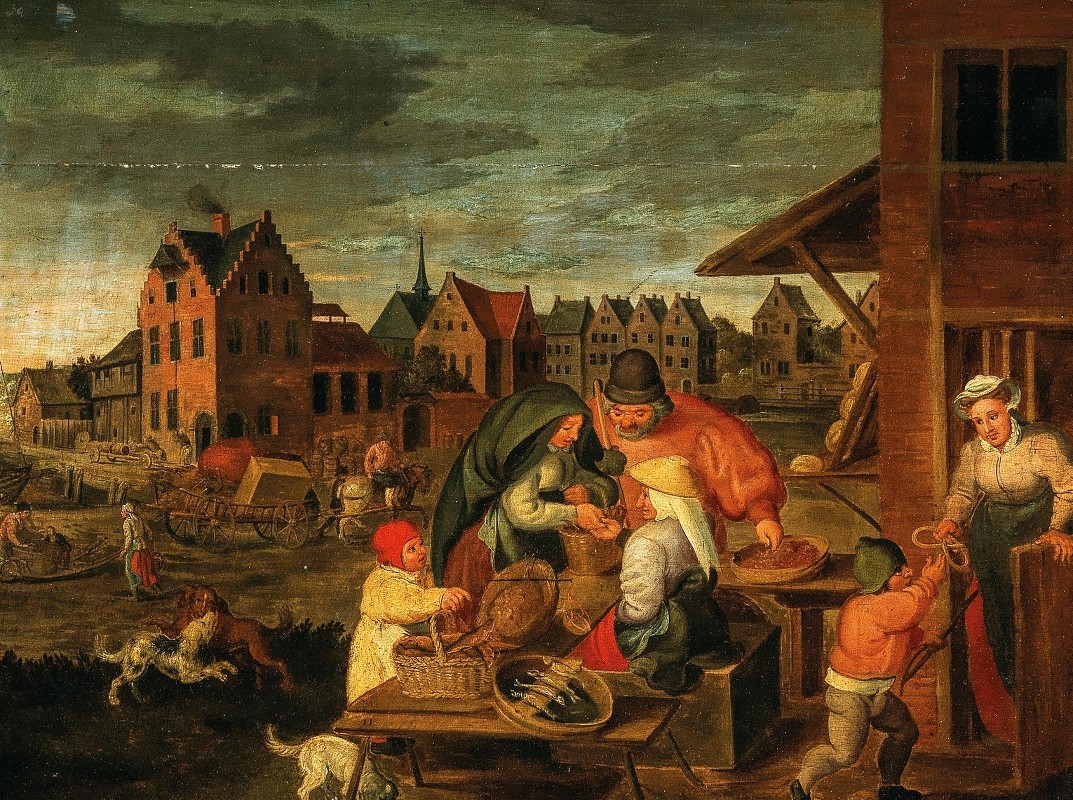 Мартен ван Клив (1527 — 1581). Городской пейзаж с крестьянами у лотка торговца
