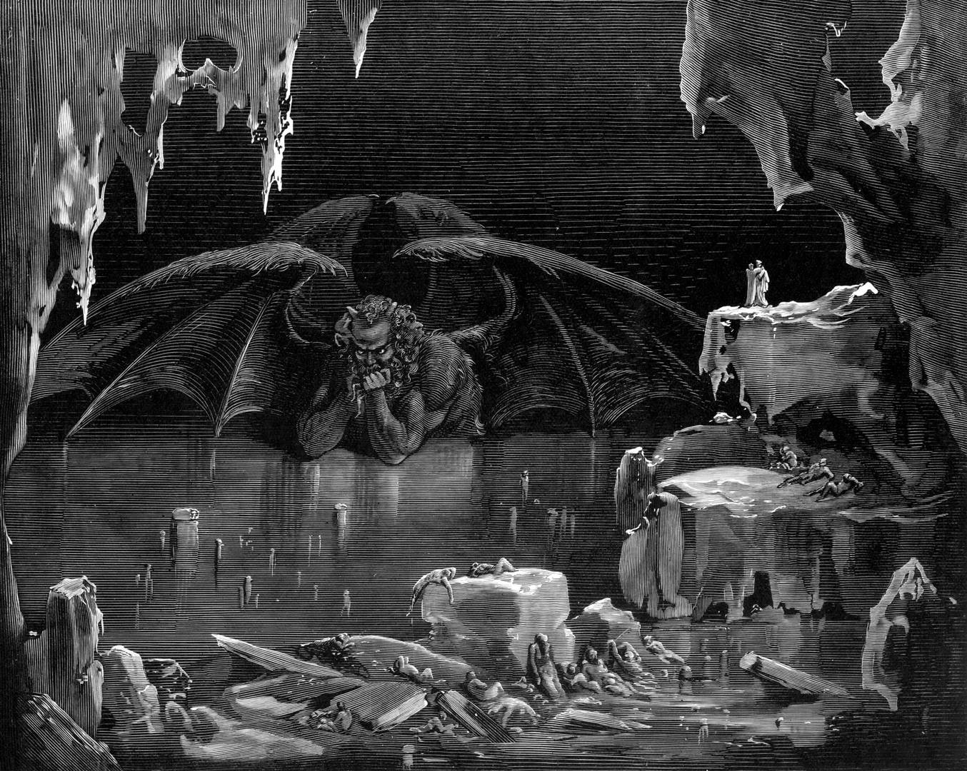 Гюстав Доре. Иллюстрация к песне XXXIV «Ада» Данте Алигьери. Сатана, наполовину вмерзший в лед, в центре девятого круга (круг предателей). 1861–1868