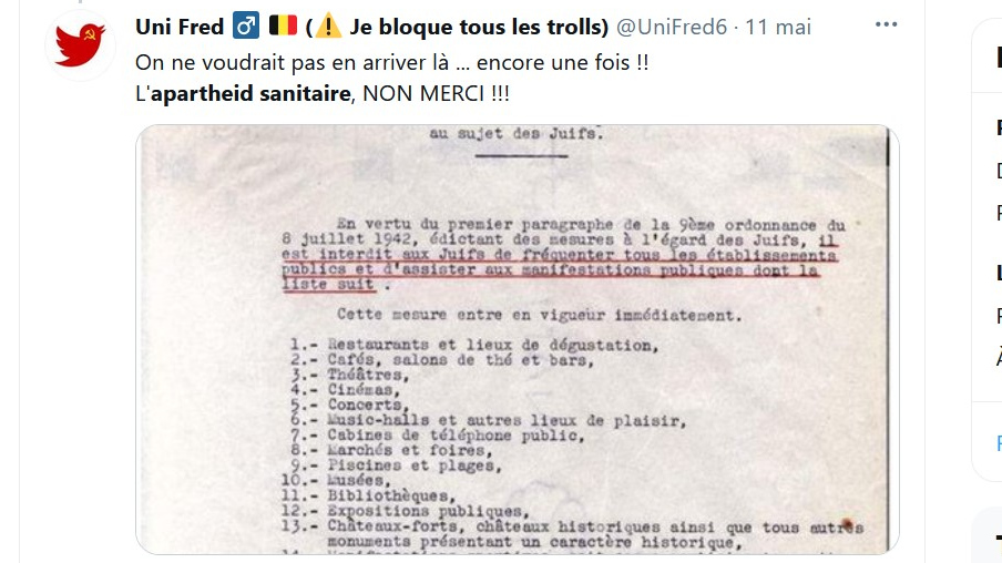Пост пользователя Twitter Uni Fred с фотографией документa — Девятого указа оккупивовавших Францию гитлеровских войск от 8 июля 1942 г. Этот указ запрещал евреям посещать обшественные места в стране.