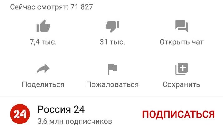 Скриншот данных трансляции на youtube-канале «Россия 24»