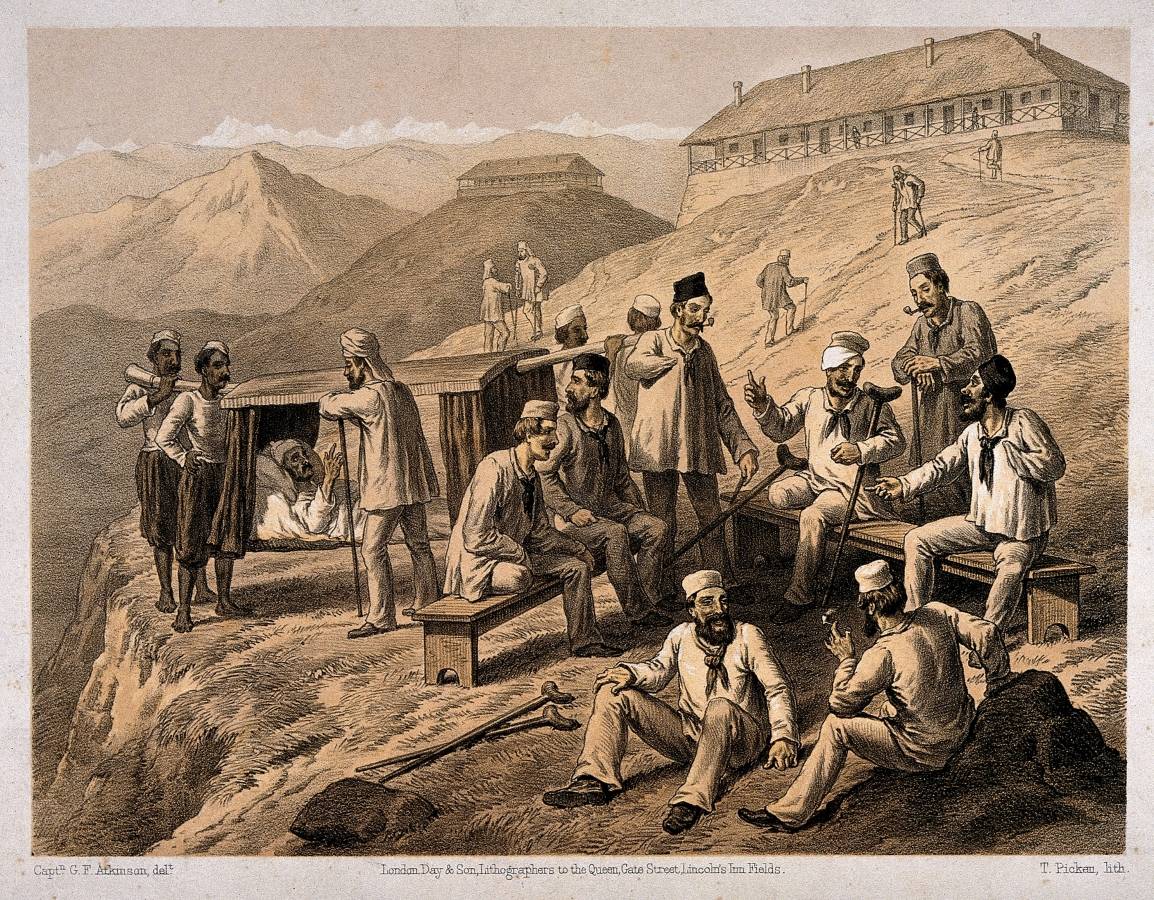 Томас Ашбертон Пикен. Раненые солдаты на лечении в Дугшае, Пакистан. 1859