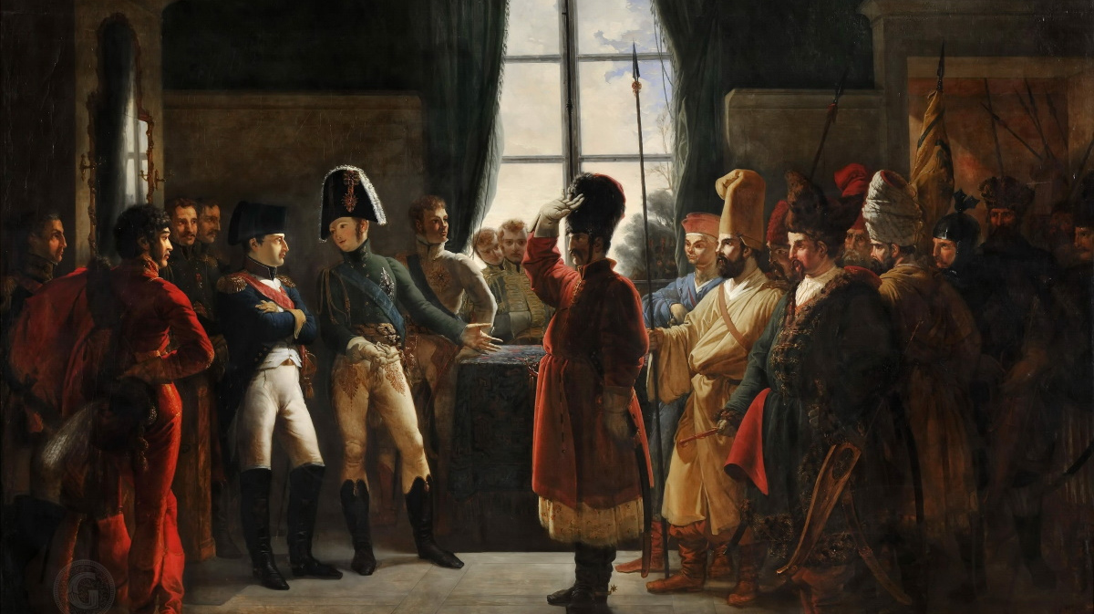Пьер-Ноласк. Александр I знакомит Наполеона с калмыкскими и башкирскими казаками своей армии 3 июля 1807 года. 1810