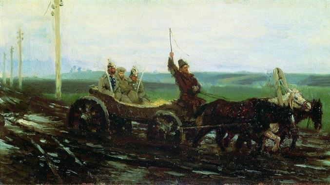Илья Репин. Под конвоем. По грязной дороге (фрагмент). 1876