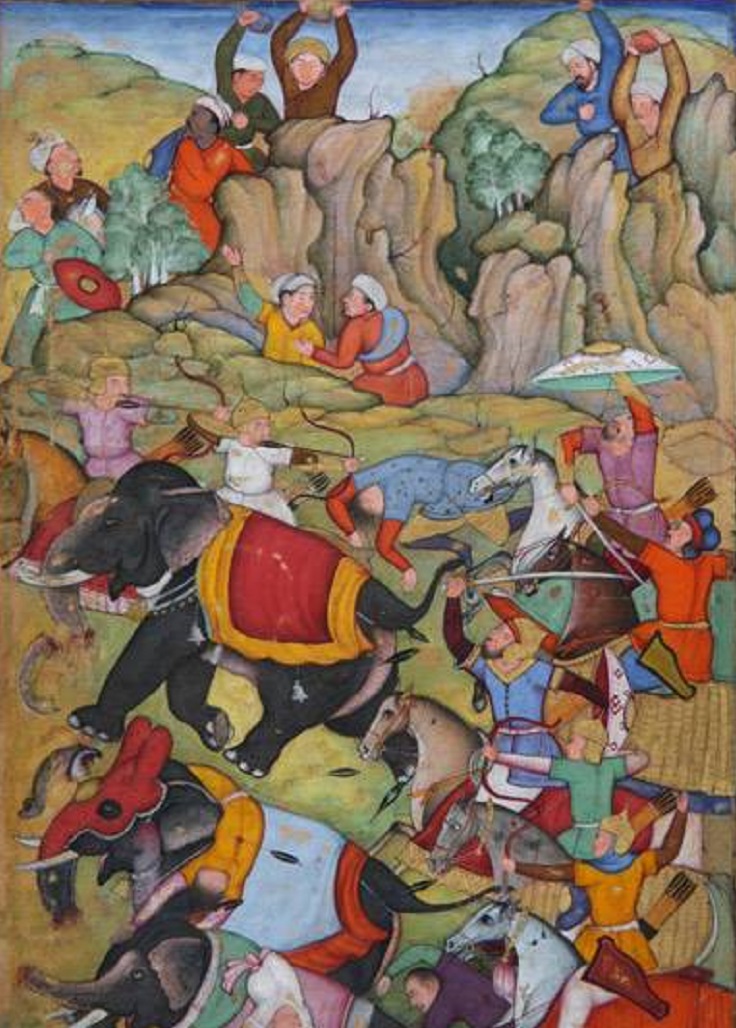 Тимур побеждает султана Дели Насир ад-Дина Махмуда зимой 1397—1398.  Миниатюра. Фрагмент. 1595