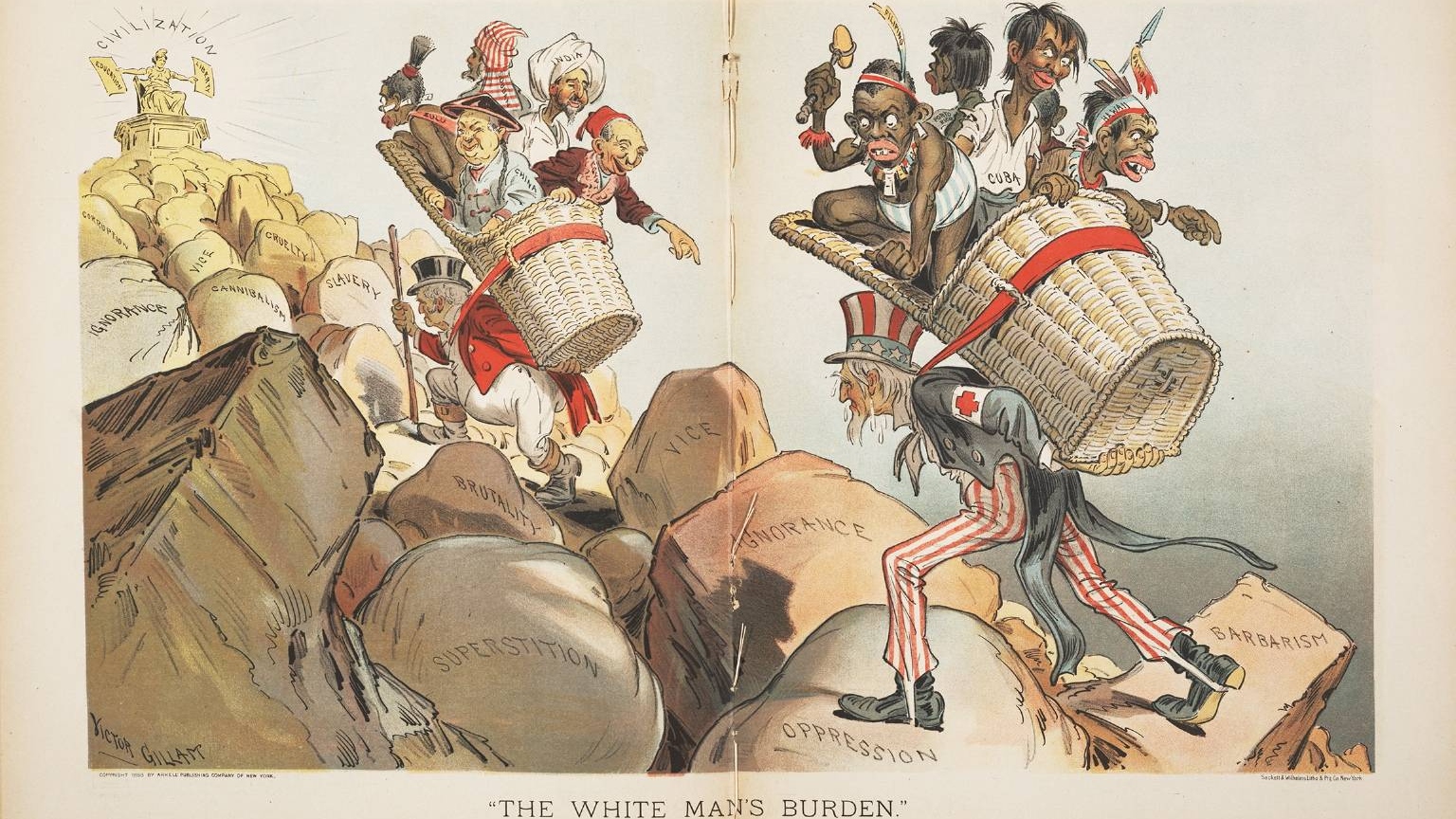 Британский Джон Булл ведет дядю Сэма в гору, неся «Бремя белого человека». Карикатура 1899 года.