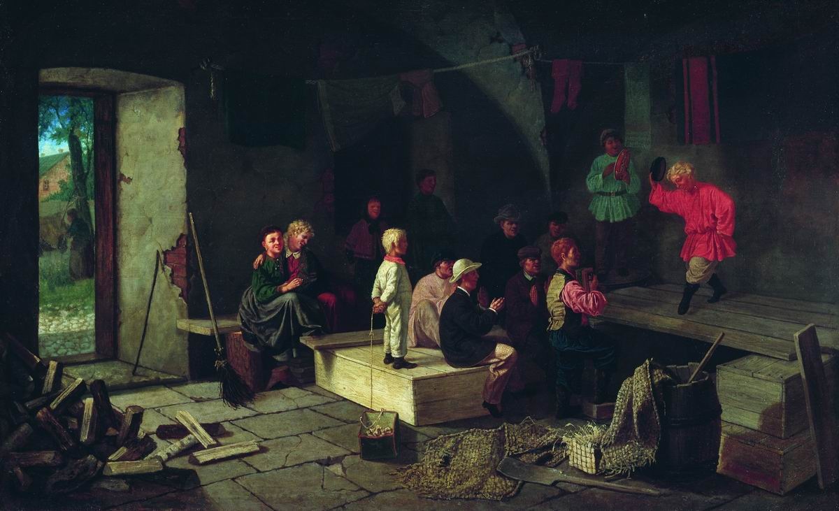 Леонид Иванович Соломаткин. Репетиция в сарае (Детский театр). 1867