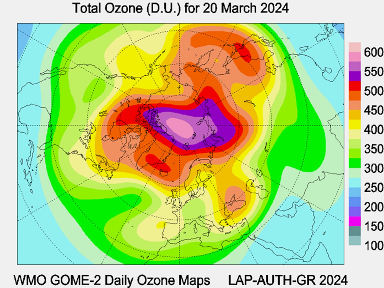 Рис.•2. Карта общего содержания озона над Северным полушарием 20•марта 2024 года
