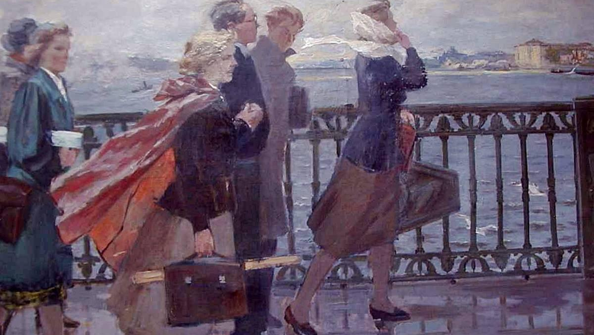 Михаил Натаревич. Студенты на мосту (фрагмент). 1957 год