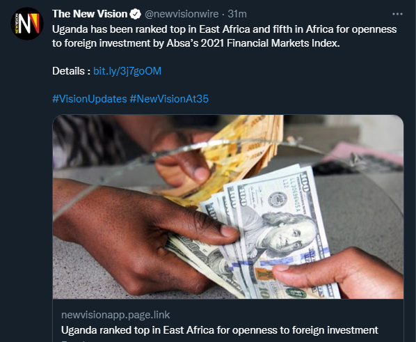 Уганда вошла в первую пятерку стран Африки по открытости для инвестиций